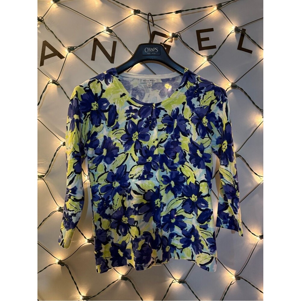 Studio Works Blue and Yellow Floral Long Sleeve Top #1937